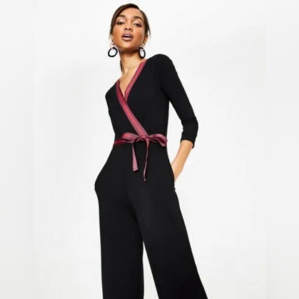 Boden Isla Jersey Knit Wrap Jumpsuit Grosgrain Trim Comfy Chic Relaxed Party